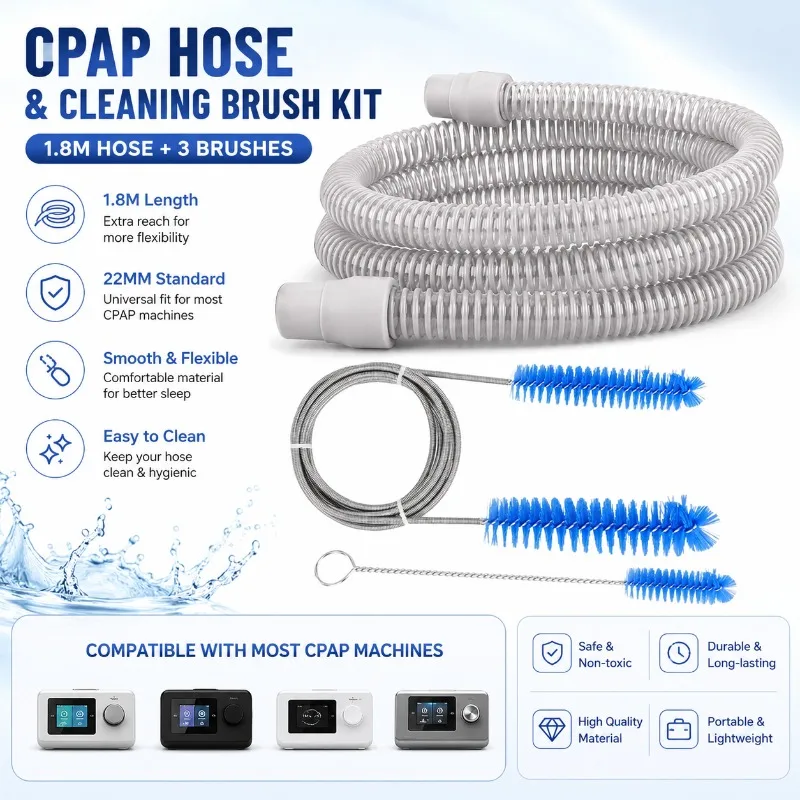 1.8M Universal CPAP Hose 22MM Tubing with Cleaning Brush Kit Flexible Air Tube Compatible with CPAP APAP BiPAP Devices