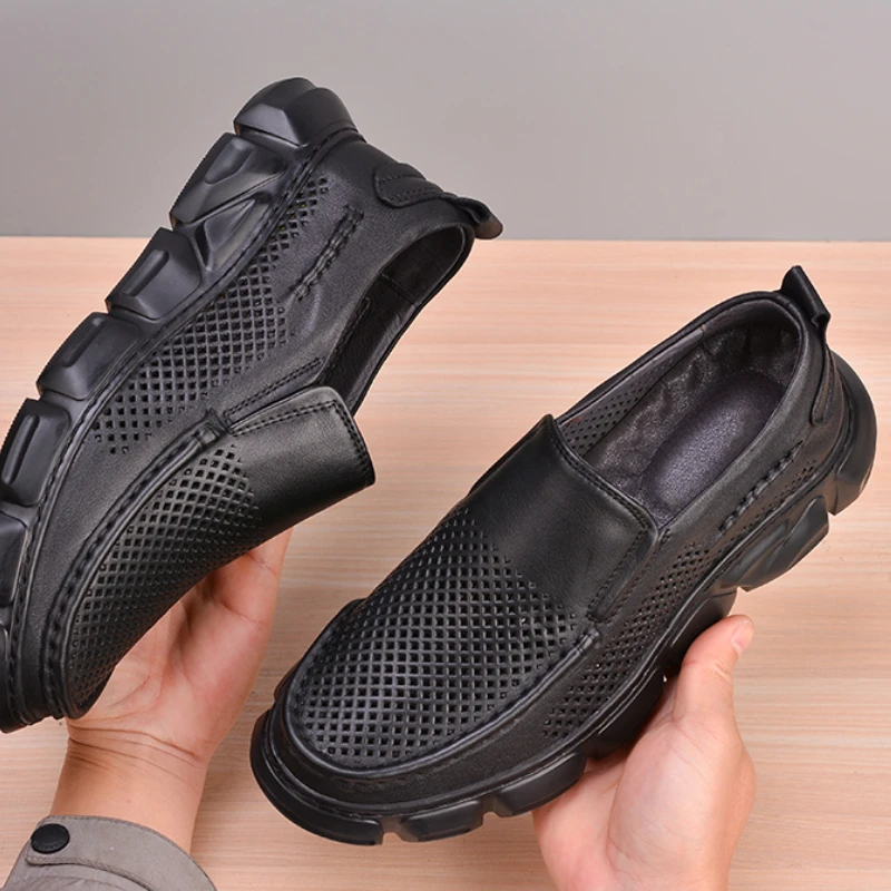 Summer Men's Casual Leather Shoes Breathable Punching Loafers Breathable Hollowed Out Men's Genuine Leather Shoes