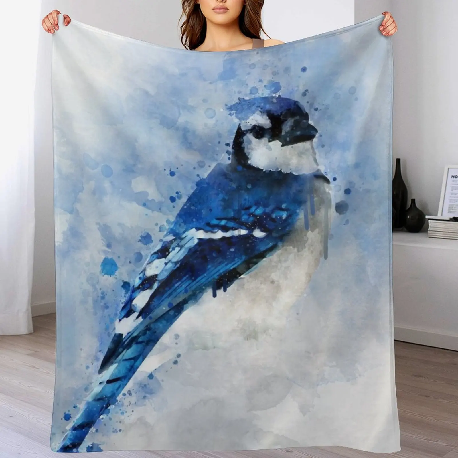 Dramabite Watercolour blue jay bird artistic artsy animal painting Throw Blanket Stylish Decor Blanket Gift for Friends Roommate