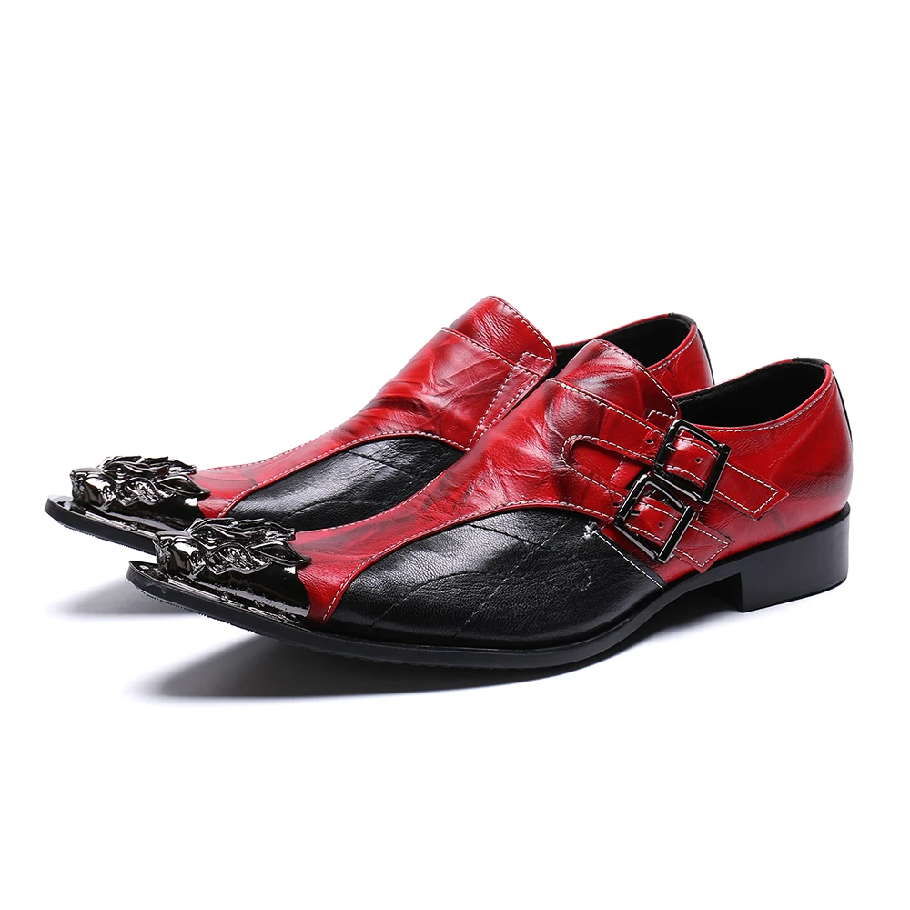 Handmade Red Men Metal Pointed Toe Brogue Shoes Wedding Prom Dress Shoes Male Plus Size Genuine Leather Formal Oxfords Shoes