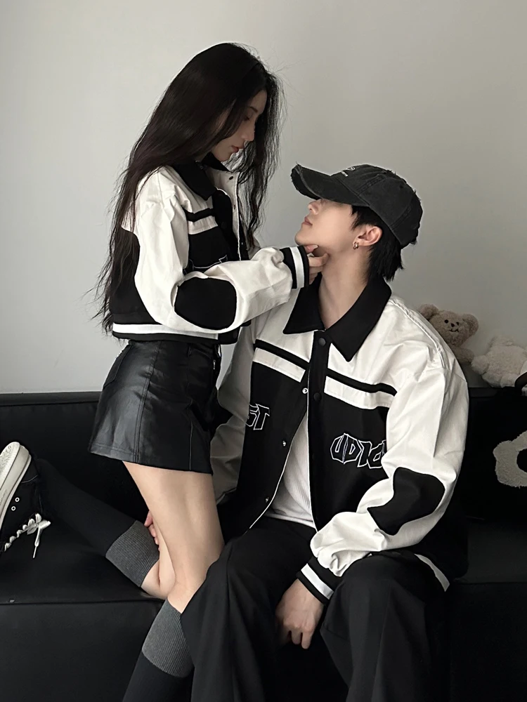 American Retro Baseball Jacket Couple Matching Loose Fit Color Block Outerwear Long And Short Styles Youthful Autumn Winter