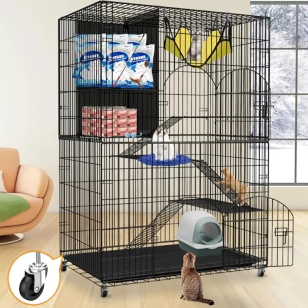 Extra Large Collapsible Cat Cage Indoor with Storage Cube, 4-Tier Cat Crate Black Metal Cat Enclosure with 360°