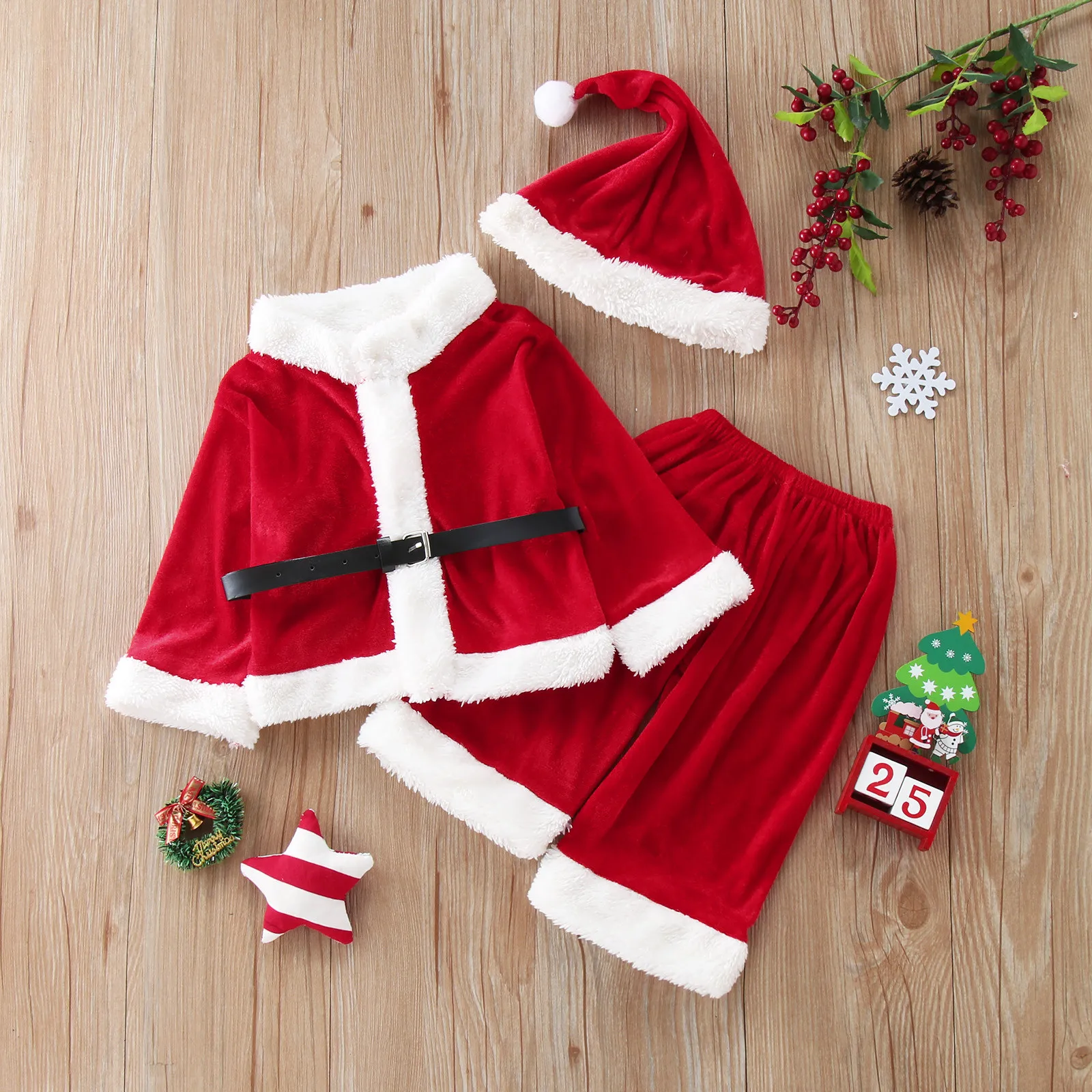 Infant Girls Baby Boys Cosplay Xmas Costume Set Christmas Santa Clause T-Shirt Tops Xmas Pants With Hat Kids Outfits Sets 3Pcs