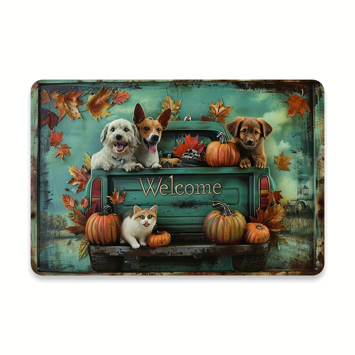 [2D Flat] A Vintage Metal Tin Sign Celebrating Autumn Harvest And Joyful Animals, Suitable for Indoor And Outdoor Decoration.