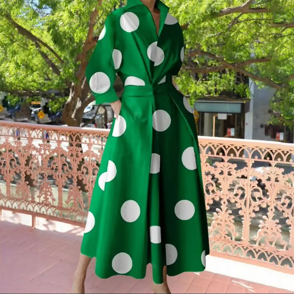 2025 Casual Loose Dress Elegant Women Dress Boho Polka Dot Maxi Dress with V-neck Collar Long Sleeves Women's Wrap for Women's