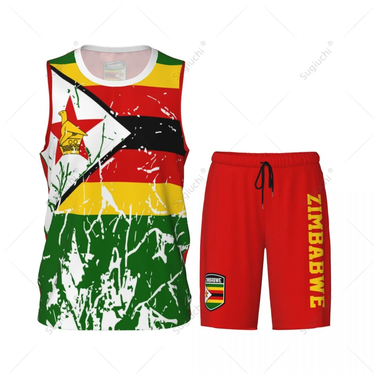 Team-up Zimbabwe Flag Grain Men Basketball Set Shirt & Pants Sleeveless Custom Name Nunber Exclusive