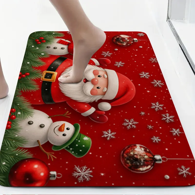 3‑Pieces Santa Claus & Snowman Bathroom Mat Set, Decor Rug Kit With Toilet Lid Cover & U‑Shaped Mat, Christmas Holiday