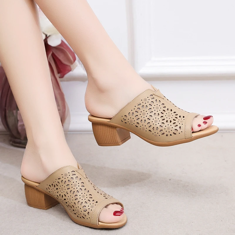 Retro Thick Middle-heeled Fish Mouth Sandals Female 2022 Summer Fashion Hollow Sandals Outer Wear Slippers Open Toe Mules