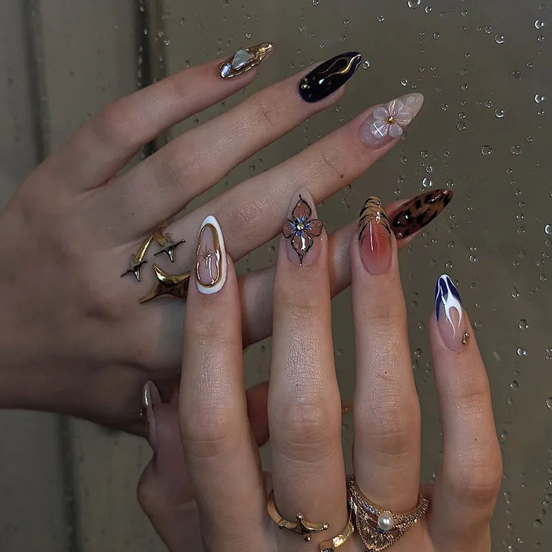 

24pcs Leopard Print Full Cover Nail Tips Flower Starlight Design False Nails Art Almond Fake Nail Wearable French Press on Nails