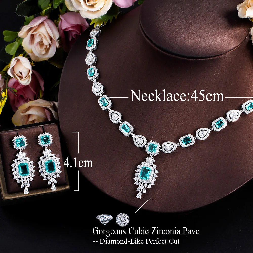 CWWZircons Fringed Drop Full Luxurious Cubic Zirconia Paved Women Wedding Big Necklace Earring Dress Jewelry Set for Brides T630