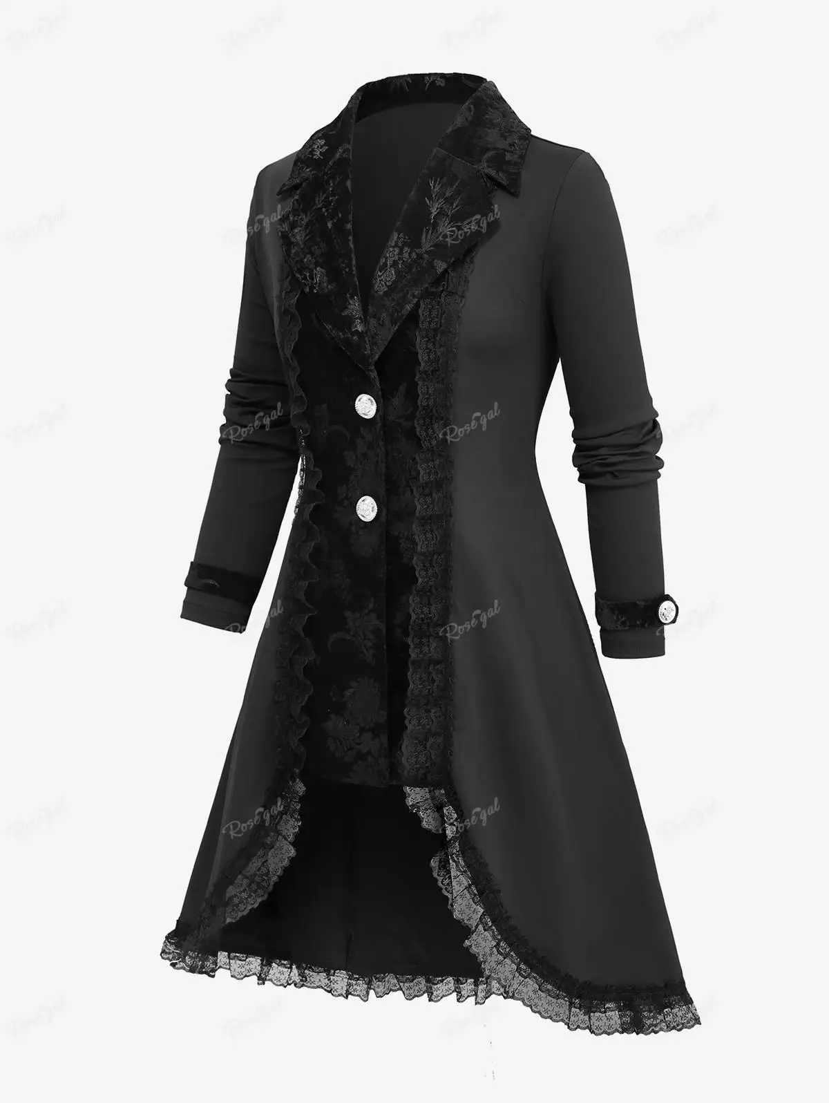 ROSEGAL Plus Size Buttons Coat for Women Autumn Winter Lapel Collar Embossed Floral Velvet Patchwork Lace Trim Long Outwears