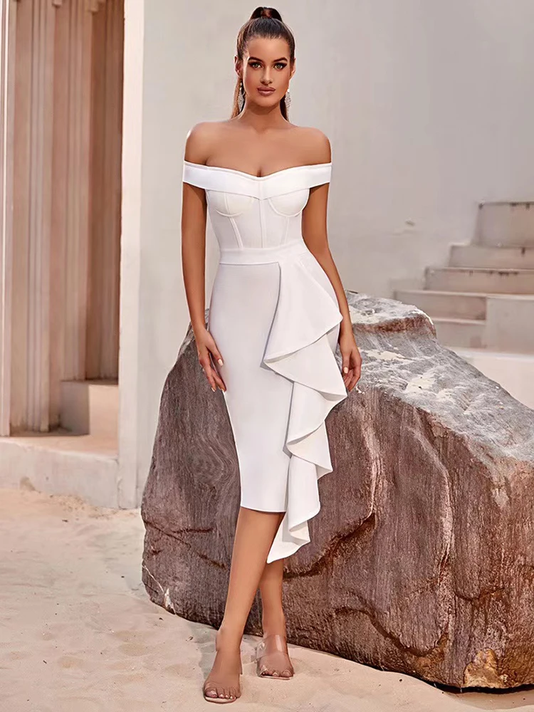 White Ruffles Bandage Dress Women Summer 2023 Sexy Off Shoulder Pleated Party Evening Dresses Elegant Bodycon Vestidos BA322