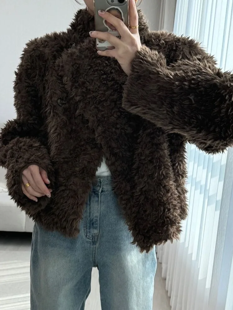 Retro Furry Collar Single Button Versatile Warm Outerwear Chic Winter Soft Short Top for Women Elegant Loose Fit Warmth