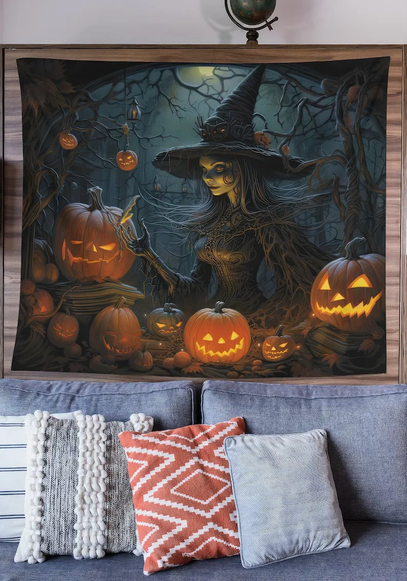 Halloween Witch Tapestry Spooky Pumpkin Art Dark Fantasy Wall Decor Seasonal Home Decoration