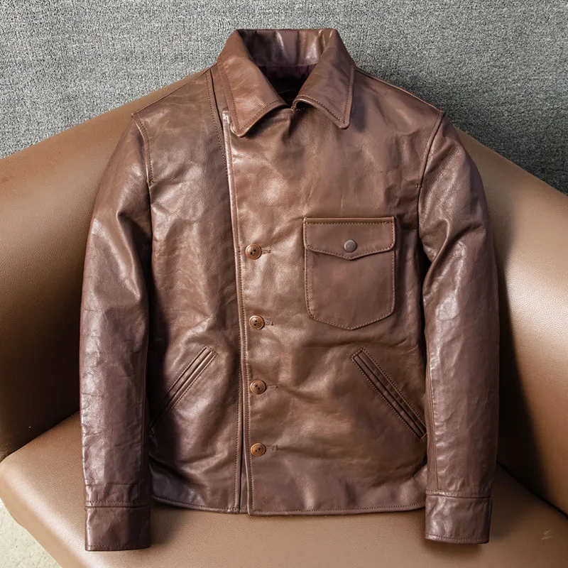

California Bengal Vegetable Tanned Top Cowhide Bear Men's Leather Motorcycle Heavy Wash Jacket