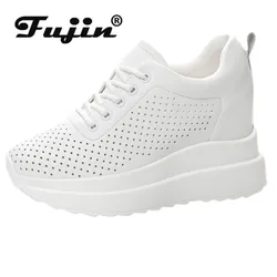 Fujin 10cm Genuine Leather Vulcanized Platform Wedge Casual Women Summer Shoes Fashion Sneakers Hollow Heels Increase Shoes