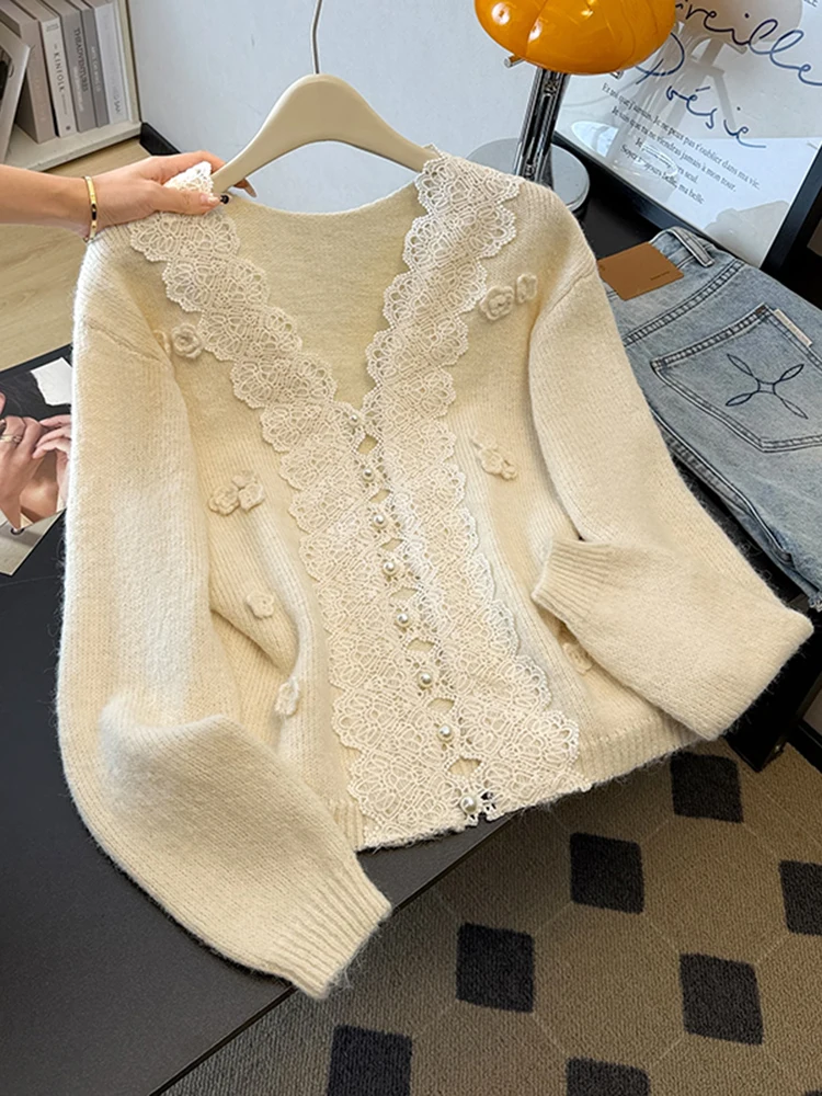 

Кружевной вязаный кардиган с ажурными вставками для женщин, осенне-зимний, новый, элитный, с 3D-цветочным декором