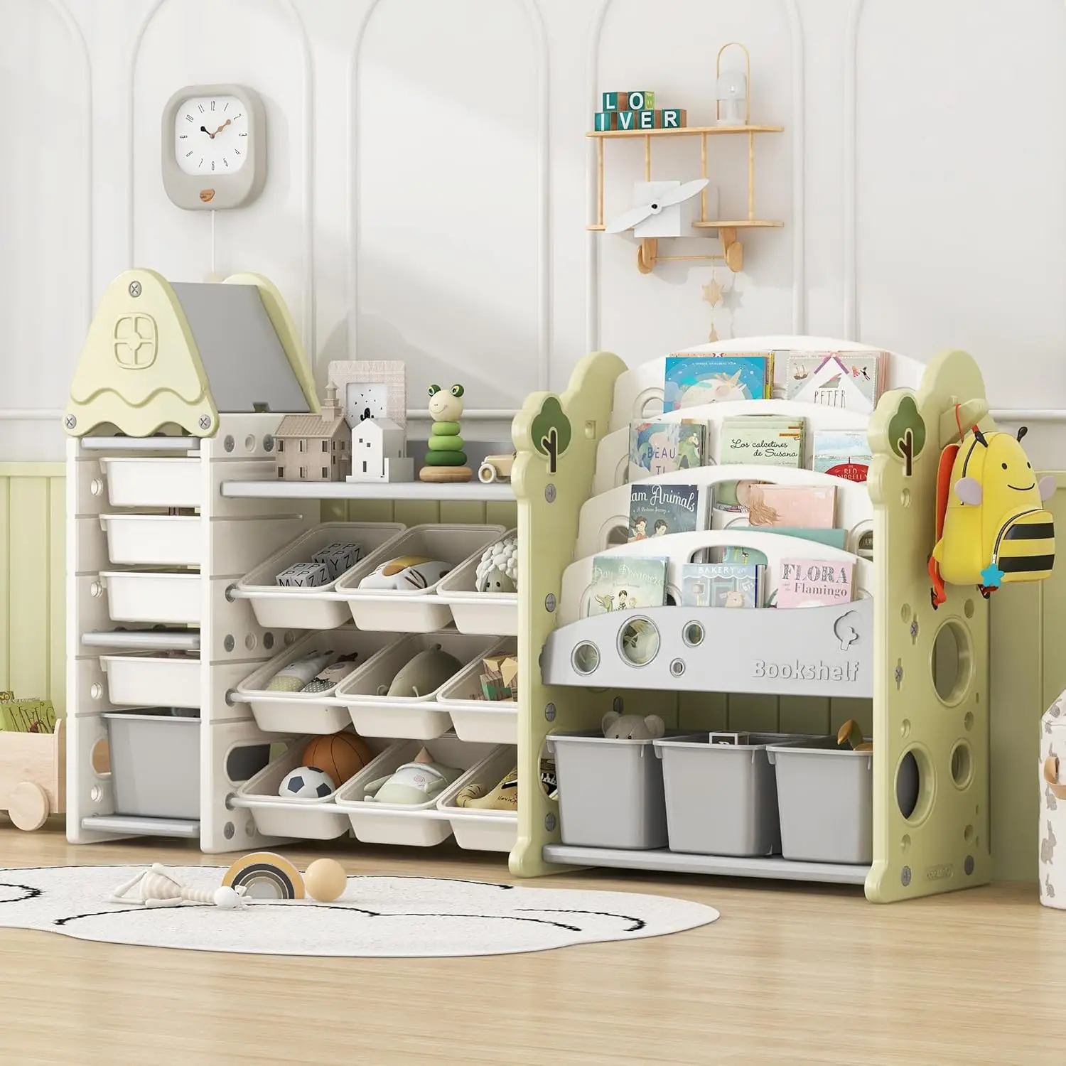 منظم تخزين ألعاب أخضر مكون من 5 طبقات مع 17 صندوقًا لغرفة الأطفال