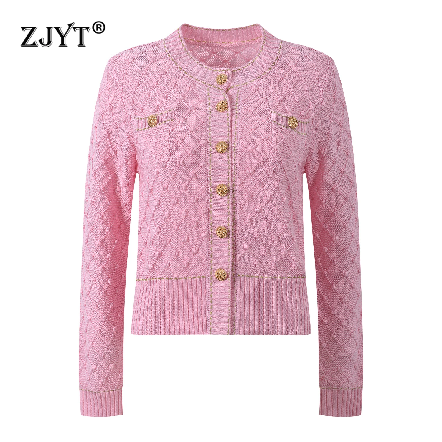 

ZJYT Spring Autumn Long Sleeve Knitted Cardigans Sweaters for Women 2026 New Elegant O Neck Sweet Pink Tops Jersey Mujer Lady