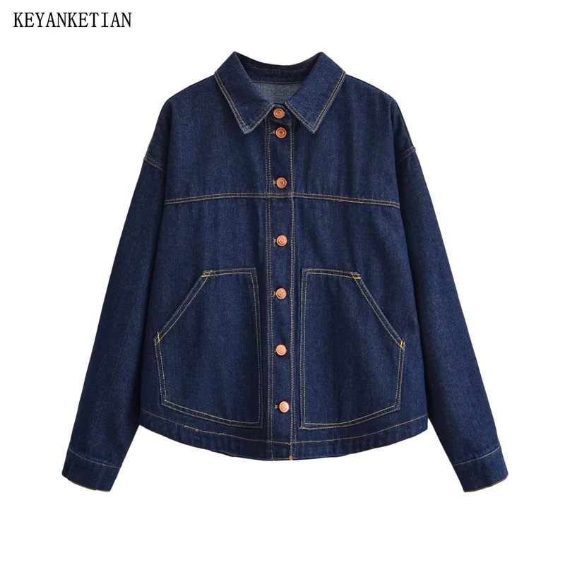 KEYANKETIAN 2026 Women's Denim Jacket Casual Loose Button Down Jean Coat Pockets Dark Blue Oversized Long Sleeve Trucker Jacket