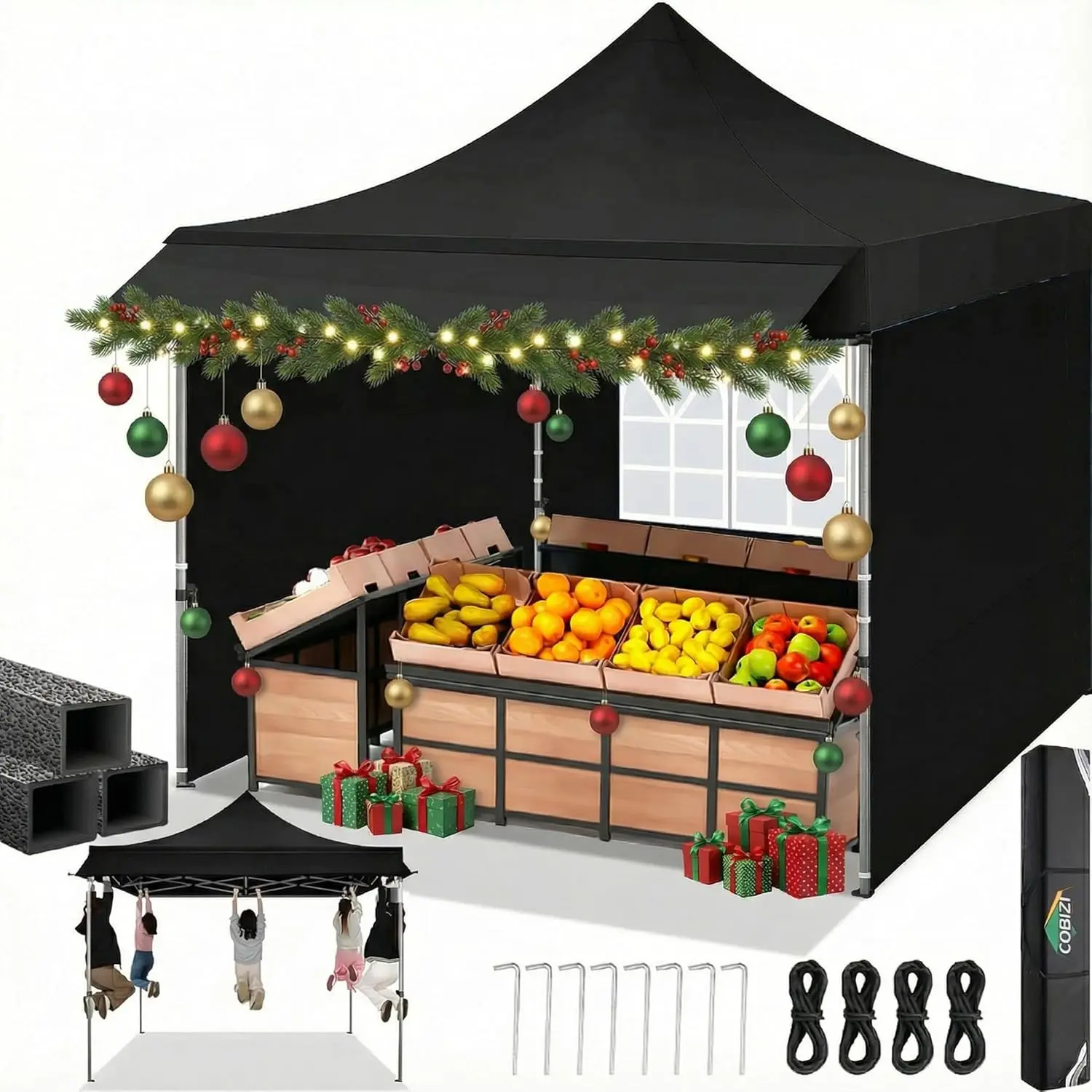 Outdoor Commercial Canopy for Market and Party Events, Heavy Duty Material, Black, Waterproof with 23 SF Extended Awning