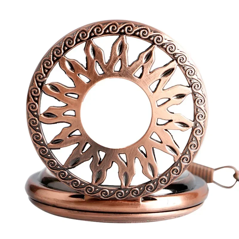 Red Copper Hollow Out Case Unisex Automatic Mechanical Pocket Watch Sunflower Design Roman Number Dial Pendant Chain Clock Gift