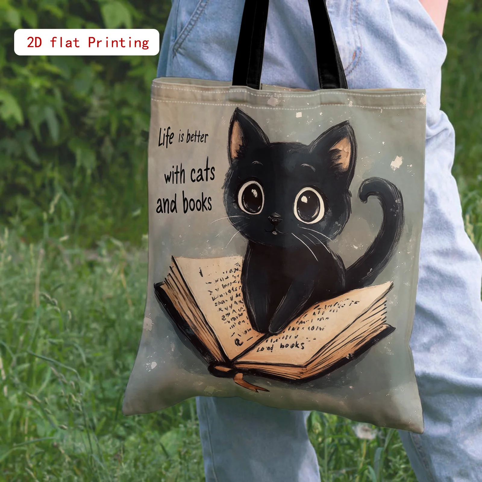 A Stylish Double-Sided Printed Tote Bag for Women Featuring A Cat and Books Theme Large Capacity Reusable Shoulder Bags
