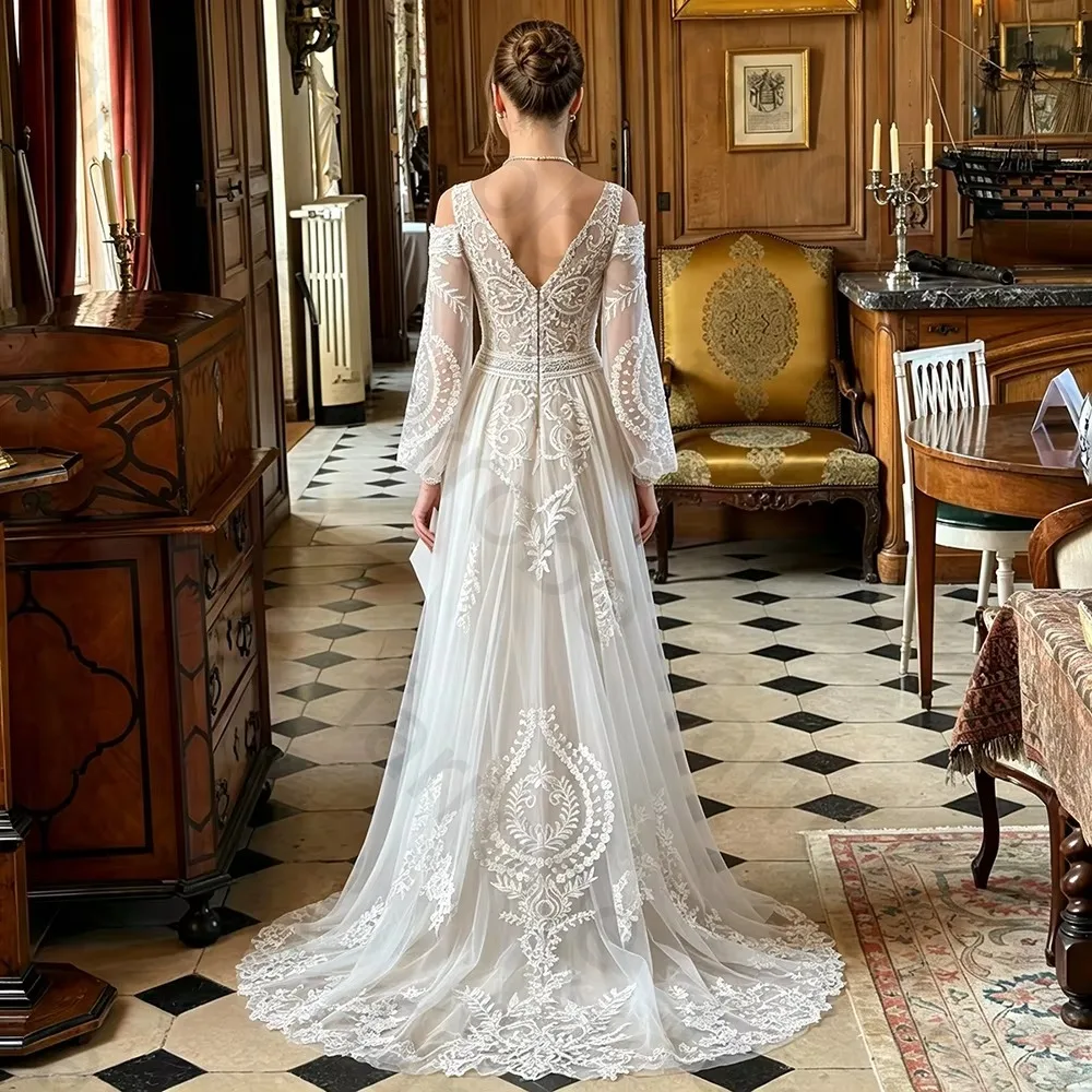 Customized 2026 A Line Floor Length Tulle Wedding Dress Long Bishop Sleeve Lace Applique Bridal Gowns for Women Vintage Boho