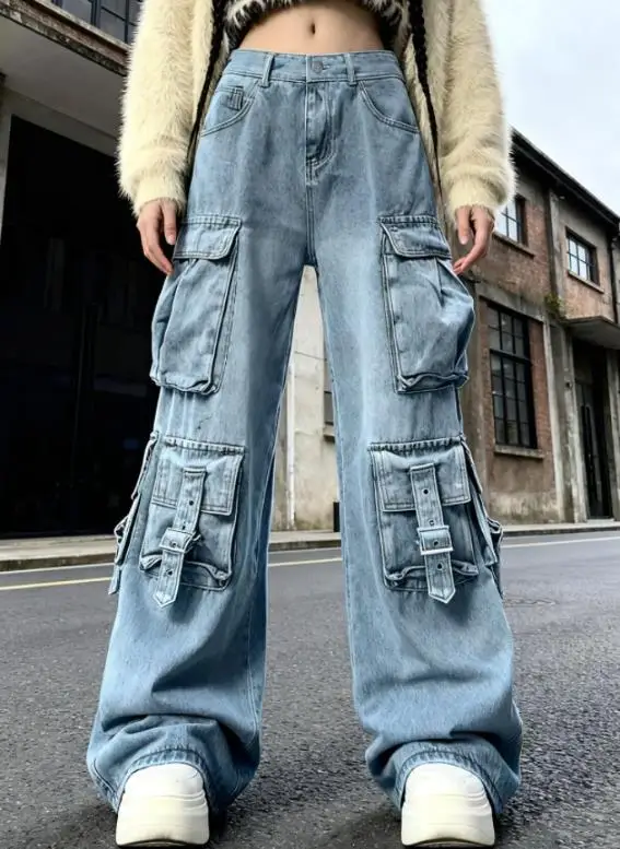 

Elegant Female Casual Trousers 2026 New Fashion Multi-Pocket Workwear Jeans Women's Bottom Clothing Elegant Female Trouser