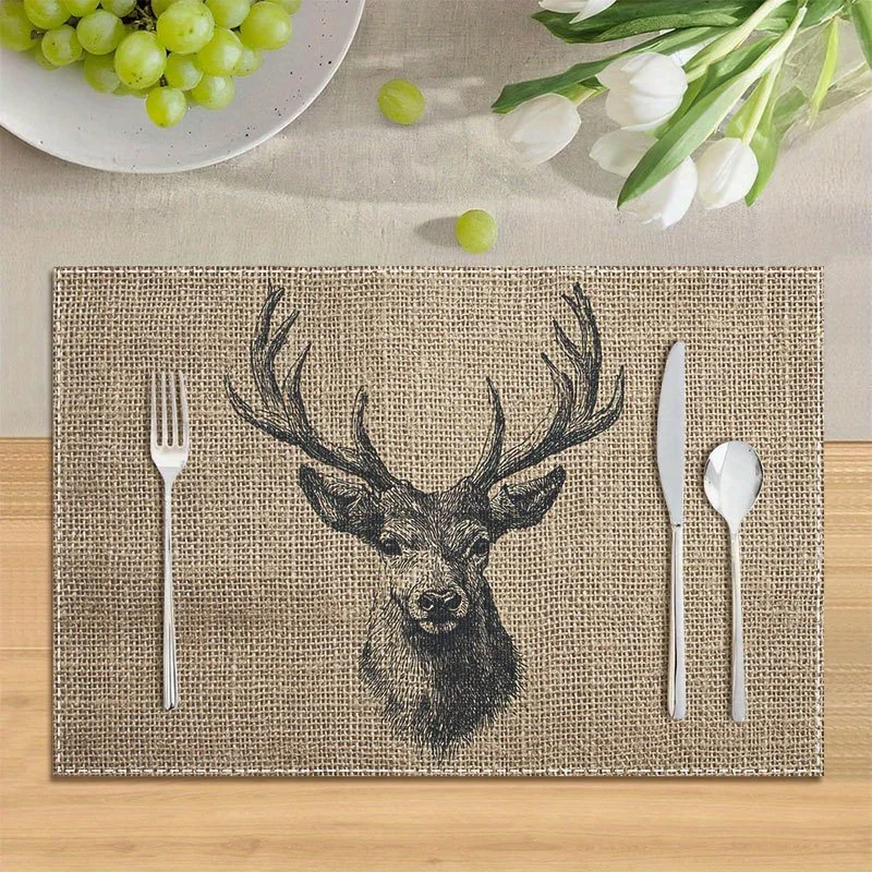 Vintage Hand Drawn Deer Head Heat Resistant Washable Table Placemats Kitchen Dining Decor 4 Piece Set