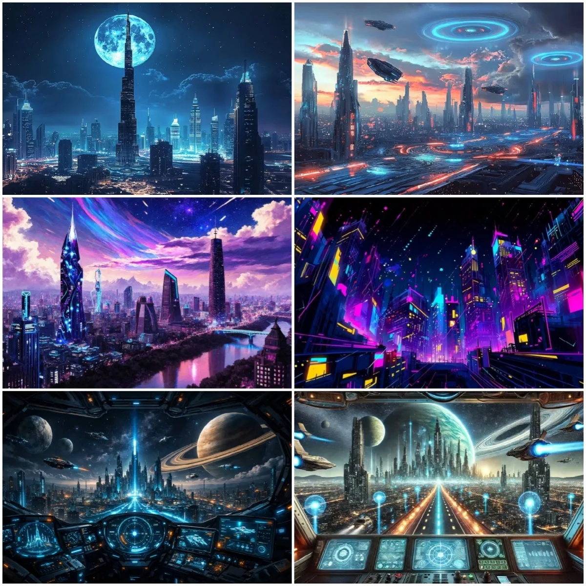 

Futuristic High-Tech City Background Future World Lights Night Scenery Banner Prosperous Cyberpunk City Painting Canvas Poster