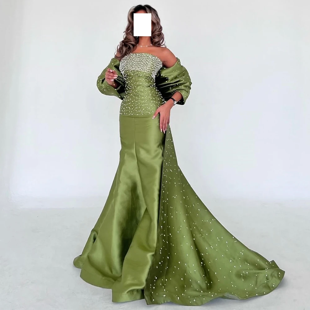 luxury Beading Sequined Green Bow Satin Evening Dresses Exquisite Panel Traina Pleats A-Line Floor Length Strapless Sleeveless
