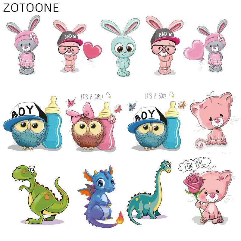 Cartoon Animal Patch Iron on Transfer Cute Owl Rabbit Dinosaur Cat Patches for Kids Clothes Applique Heat Transfer Vinyl Sticker