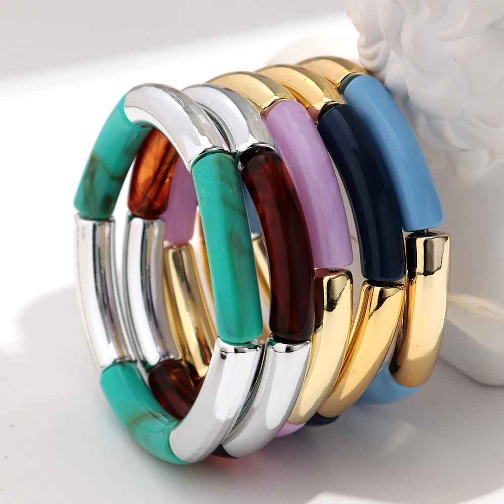 3Pcs/Set Trendy Colorful Thin Tube Beads Stackable Bracelets Elegant Geometric Curved Beaded Elastic Bangles Women Jewelry