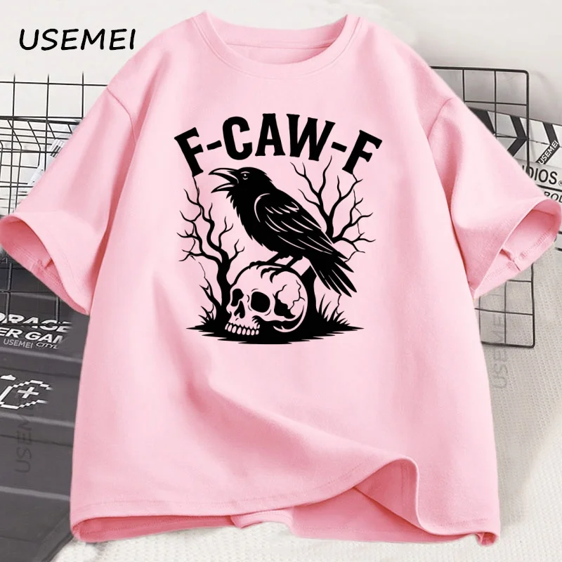 F-Caw-F مضحك القوطية الغراب تي شيرت كرو الظلام الطيور الفكاهة الجرافيكي تيز هالوين تي شيرت تقليدي الرجال النساء ملابس قصيرة الأكمام