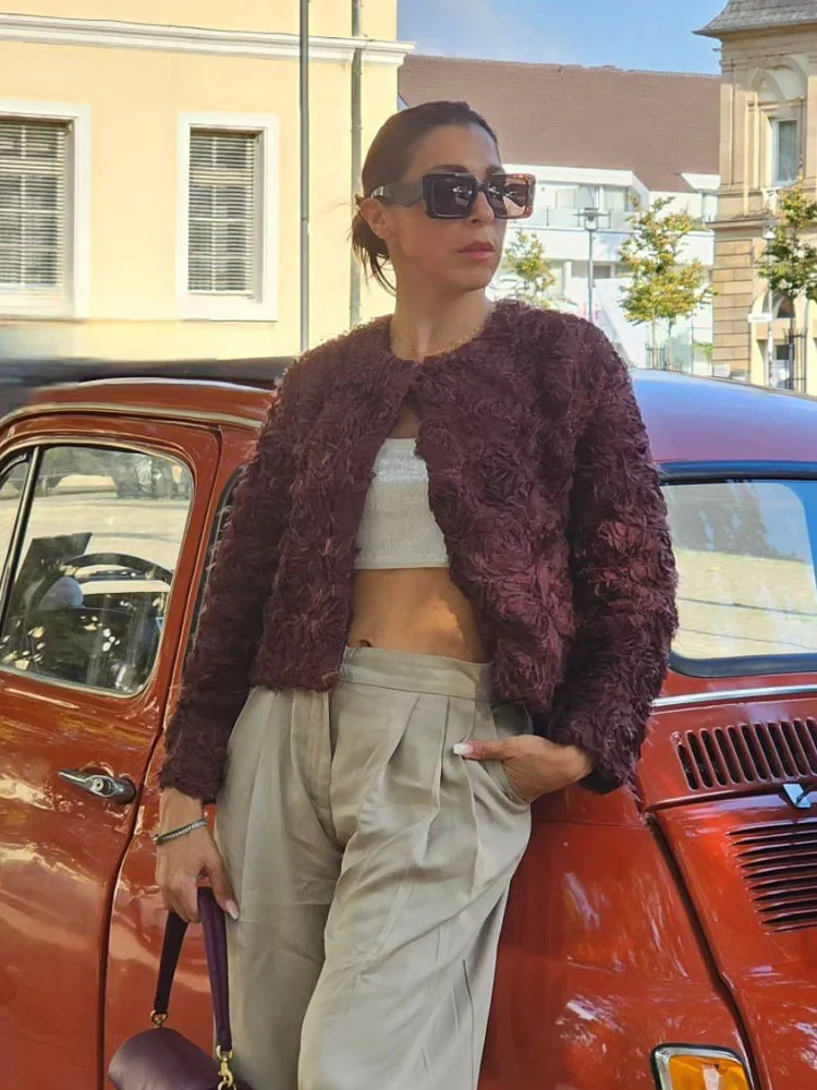 

HH женские винтажные 3D цветочные текстуры украшения повседневные короткие куртки пальто женская мода повседневное однотонное пальто с круглым вырезом и длинными рукавами