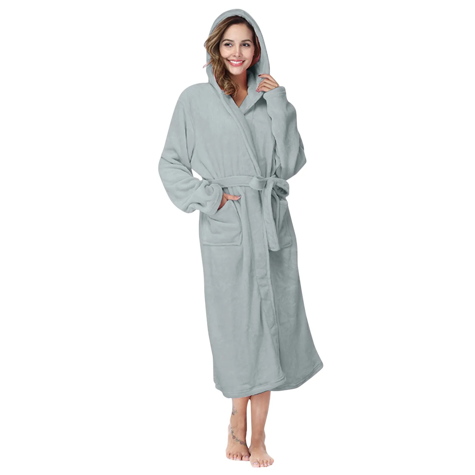 New Autumn Solid Hooded Robe Bathrobe Women Winter Warm Plush Lightweight Soft Nightgown Robes Female Casual Home Dressing Gowns