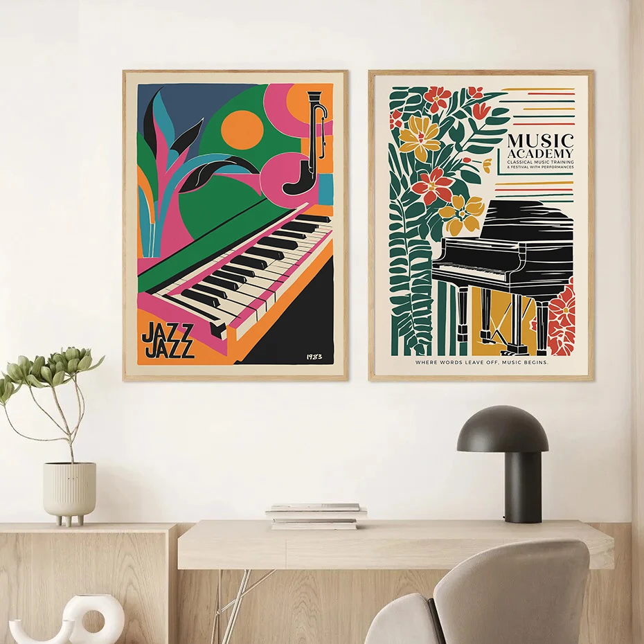 Vintage Jazz Age Music Festival Black Cat Poster Piano Saxophone Guitar Canvas Painting Wall Art for Living Room Home Decor