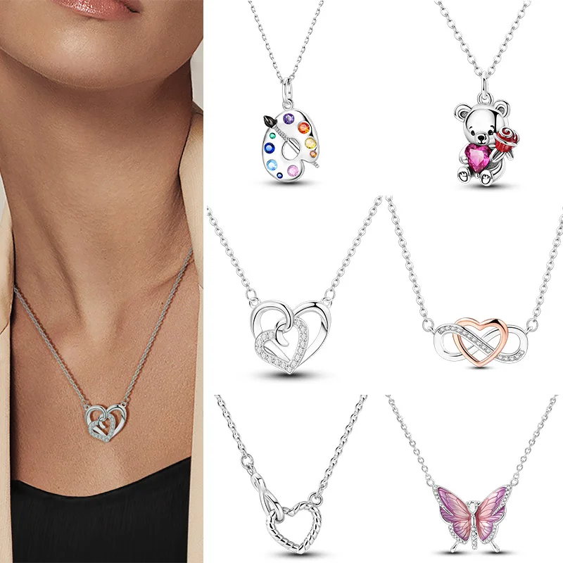 925 Sterling Silber Kettenhalskette für Damen, Herz-Bär-Schmetterling-Anhänger-Halskette, funkelnder Partyschmuck, Geschenke