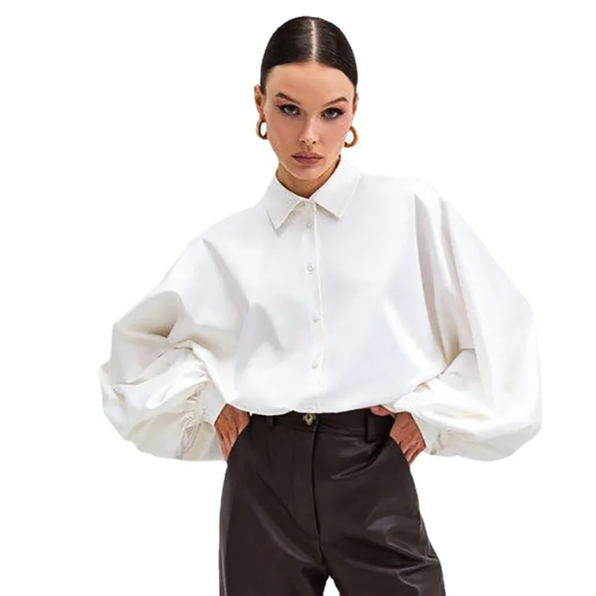 Women Clothing 2024 Summer New Fashionable French Style Satin Shirt Lantern Sleeve Ice Silk Cardigan Casual Solid Color Shirt