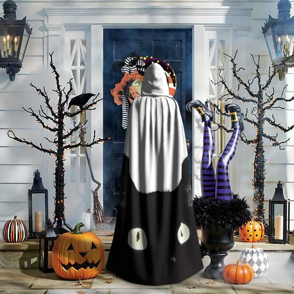 

Черный плащ с капюшоном и выглядывающим котом, средневековый костюм ведьмы, накидка для косплея, на Хэллоуин, вампир, для взрослых, унисекс