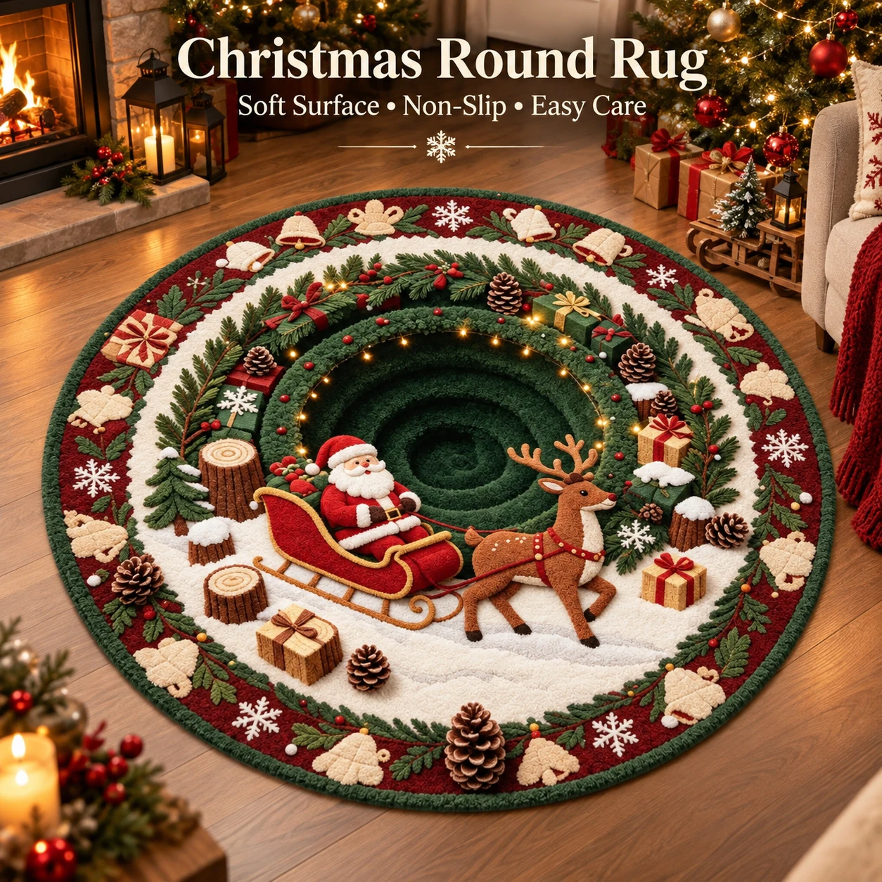 Festive Christmas Round Rug 3D Optical Illusion Non Slip Soft Area Carpet Holiday Floor Mat for Living Room Bedroom Home Decor