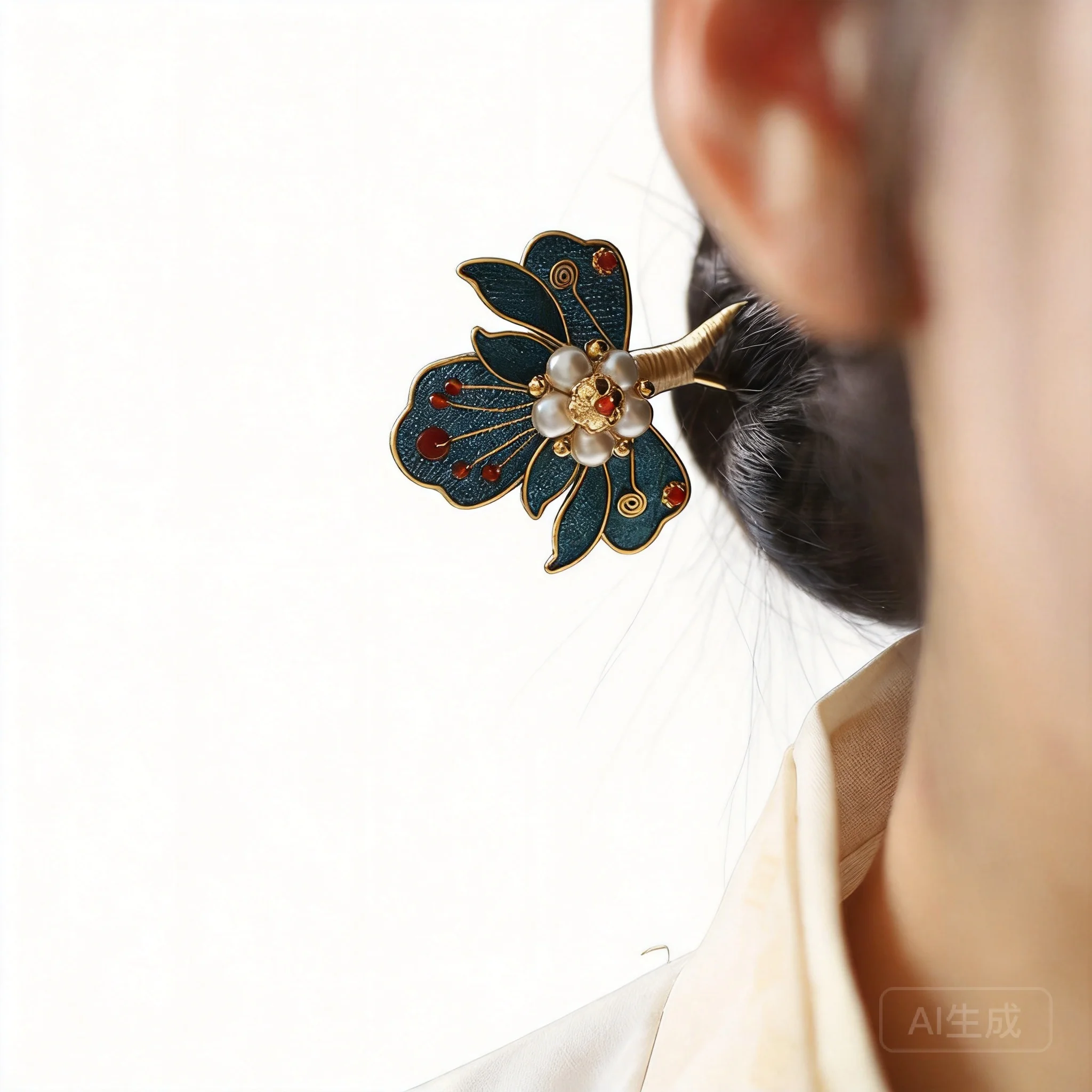 Chinese Traditional Lucky Blue Flower U Shaped Hairpin Faux Pearl Decor Retro Craft Hanfu Bridal Hair Stick Auspicious Hair Acce