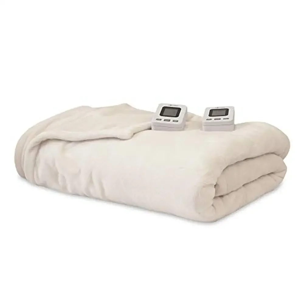 Heated Electric Blanket SensorSafe King Ivory Ultra-Plush Anti-Pill Fleece 9 Heat Settings Timer Dual Controls Easy Care