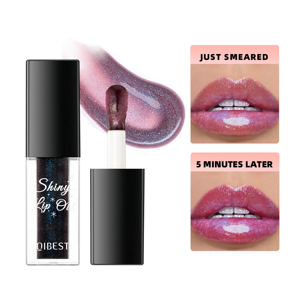 Zwarte parelmoer kleurveranderende lipgloss, glimmende spiegelroze glanzende lipolië, hydraterend, niet-kleverig, sprankelende glitter jelly lip