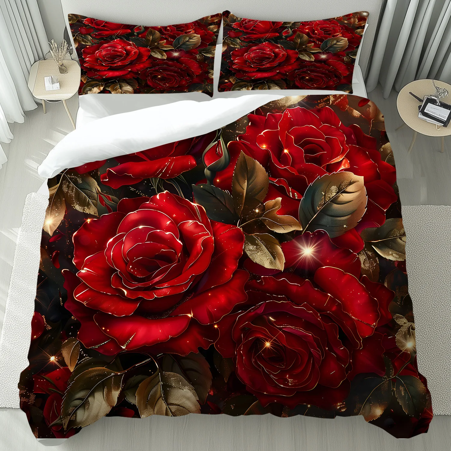 Valentine's Day Rose Duvet Cover Twin For Boys Girls Botanical Flower Bedding Set Breathable Soft Romantic Roses Comforter Cover