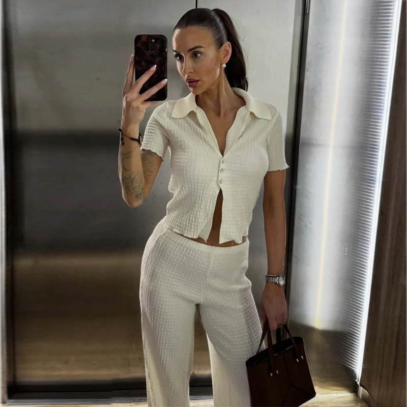 MUJER Textured Women's Pants Sets Casual Straight Leg Pants Set 2 Piece Woman Summer Outfit Mid Waist Women's Top and Bottom Set