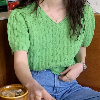 여름 세련된 빈티지 니트 탑 짧은 소매 루즈 피트 자른 티셔츠 여성 레트로 v 넥 케이블 니트 퍼프 슬리브 탑