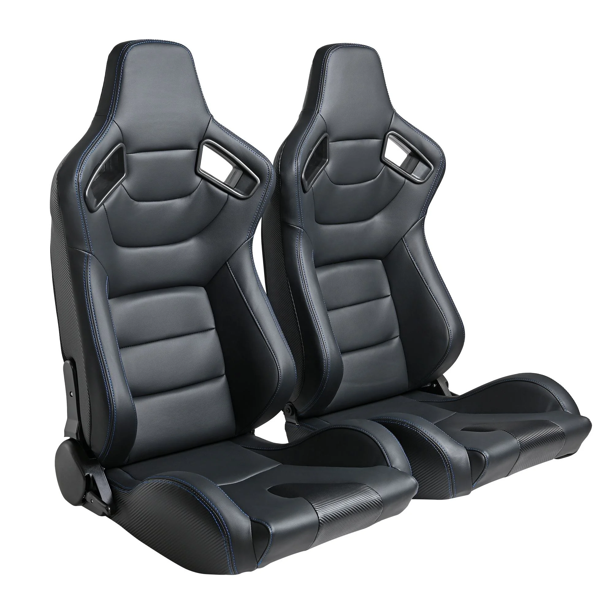 Full Black PVC Leather Blue Stitch Carbon Fiber Polyurethane Back With Rails Racing Seats 2ps