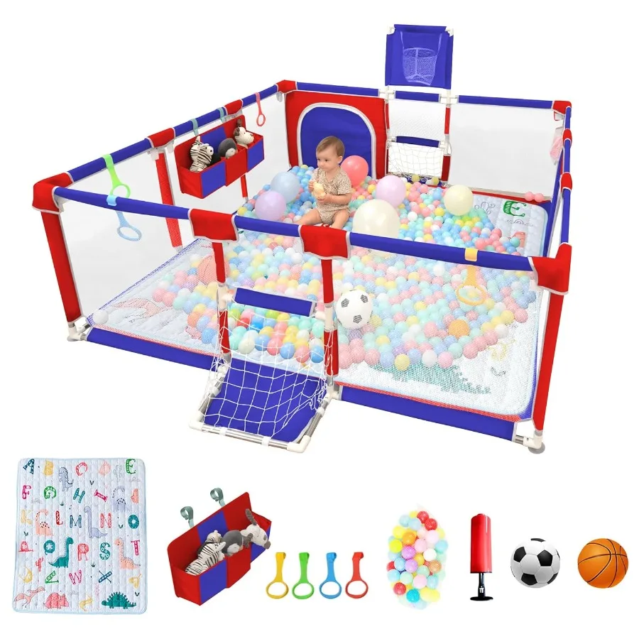 Kojec dla niemowląt i małych dzieci, kojec dla dzieci o wymiarach 185x180 cm z matą, do użytku wewnątrz i na zewnątrz, oddychający kojec z piłeczkami do zabawy i zawieszkami.